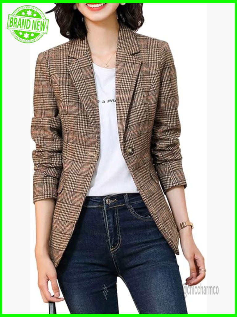 Women's Notch Lapel 2 Button Boyfriend Blazer Houndstooth Plaid Jacket Coat